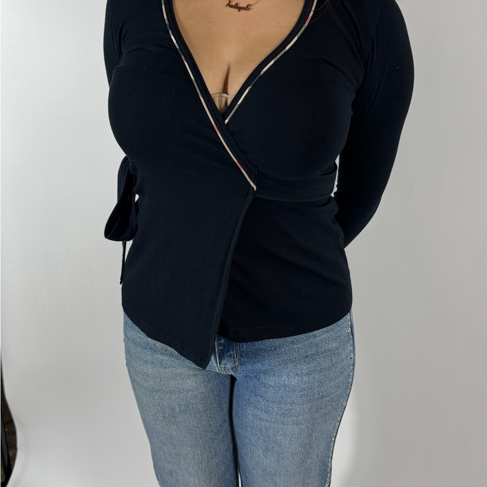 Burberry Black Wrap Top with Signature Check Trim